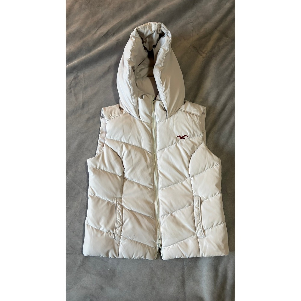 Hollister California Puffer Vest Hooded Light Gray Pink Lining Womens XS Chevron